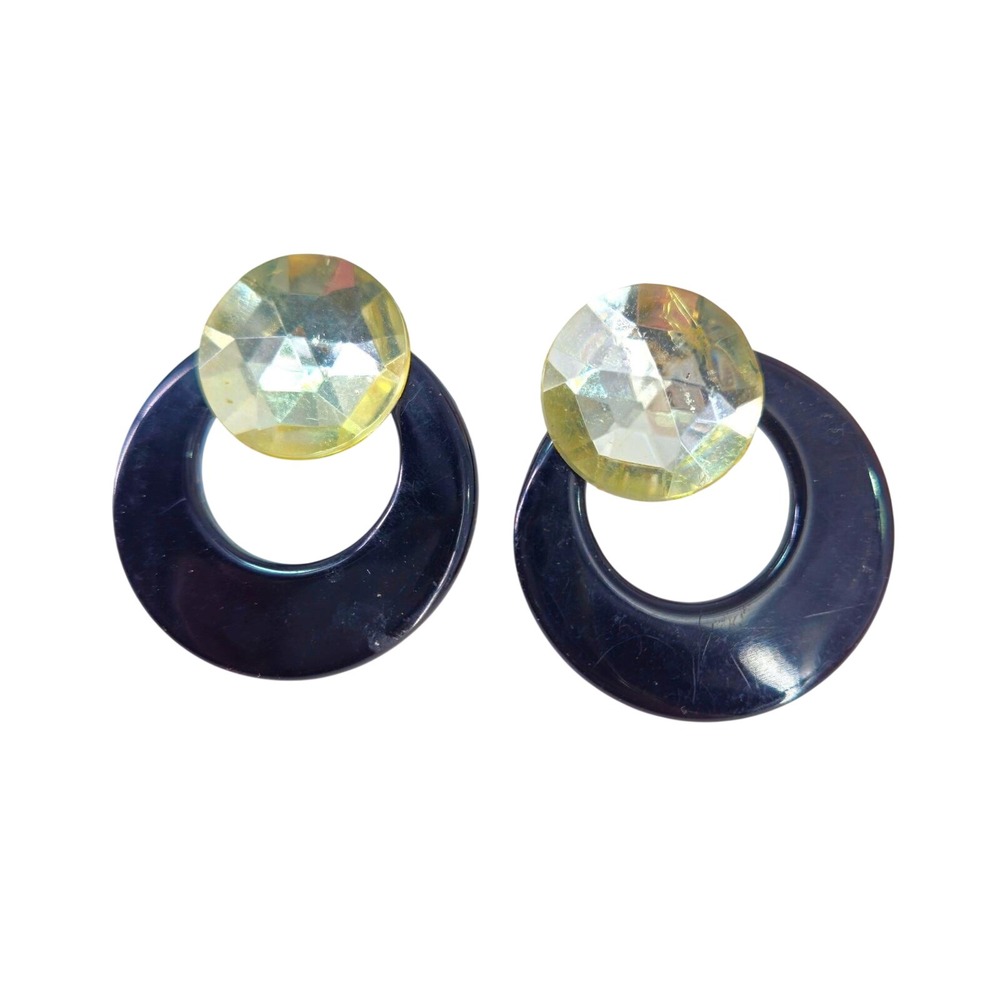 Vtg 80s/90s Mod Black Hoop Acrylic Earrings Faux Crystal Large Studs Geometric